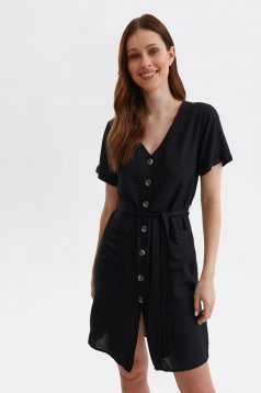 Black dress thin fabric short cut straight shirt dress lateral pockets