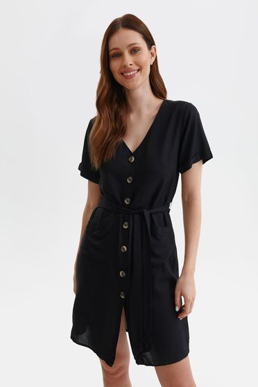 Black dress thin fabric short cut straight shirt dress lateral pockets