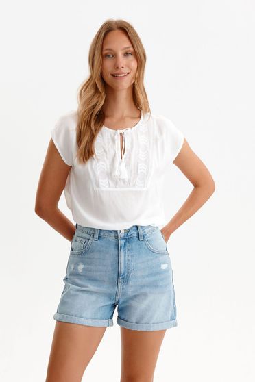Short sleeves blouses, White women`s blouse light material loose fit - StarShinerS.com