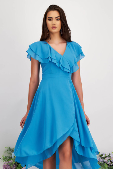 - StarShinerS aqua dress cloche asymmetrical from veil fabric midi with ruffled sleeves