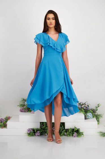 Aqua Blue Chiffon Midi Asymmetrical Dress with Ruffles on Sleeve - StarShinerS