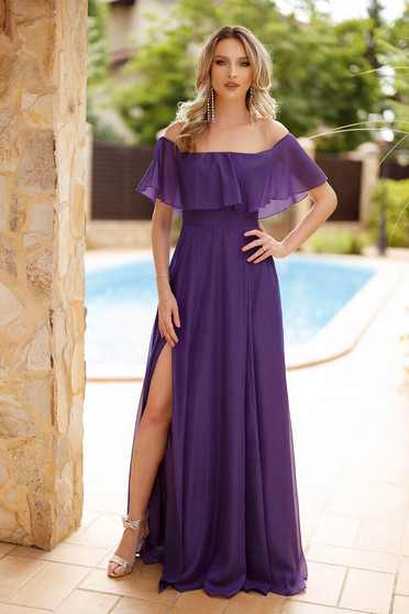 Long chiffon dress with purple glitter applications, flared and split on the leg - Artista