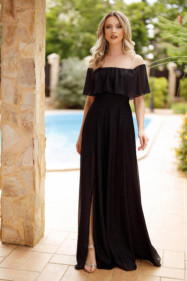 Long Black Chiffon Dress with Glitter Applications, A-line, with Leg Slit - Artista