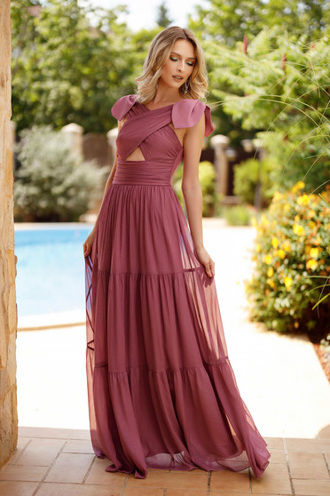 Long raspberry glitter applique chiffon dress in flared style accessorized with bows on the shoulders - Artista