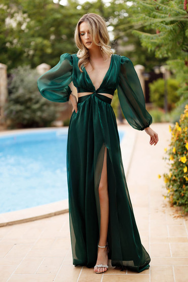 Long organza dress in dark green with cutouts in material and puffed sleeves - Artista