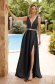 Black long dress from taffeta with slit on the leg and embellished accessories on the belt 1 - StarShinerS.com