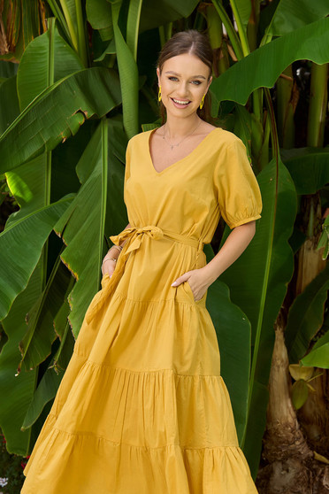 Yellow dresses, Yellow dress light material short sleeve with v-neckline accessorized with tied waistband - StarShinerS.com