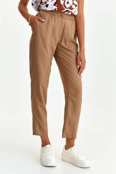 Pantaloni cu talie inalta, Pantaloni din material subtire maro cu talie inalta si croi larg - Top Secret - StarShinerS.ro