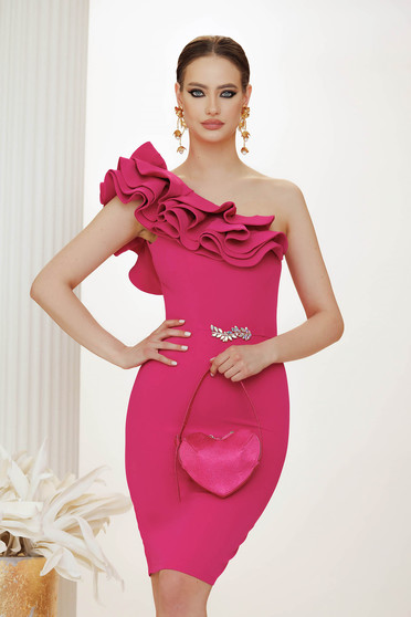 Online Dresses - Page 6, Fuchsia dress elastic cloth midi pencil one shoulder with ruffle details - StarShinerS.com
