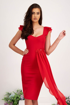 - StarShinerS red dress midi pencil crepe with deep cleavage voile overlay