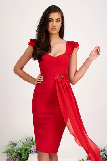 Plus Size Dresses - Page 7, - StarShinerS red dress midi pencil crepe with deep cleavage voile overlay - StarShinerS.com