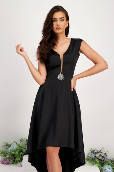 Rochie din tafta elastica neagra asimetrica in clos cu decolteu in v si brosa detasabila - StarShinerS