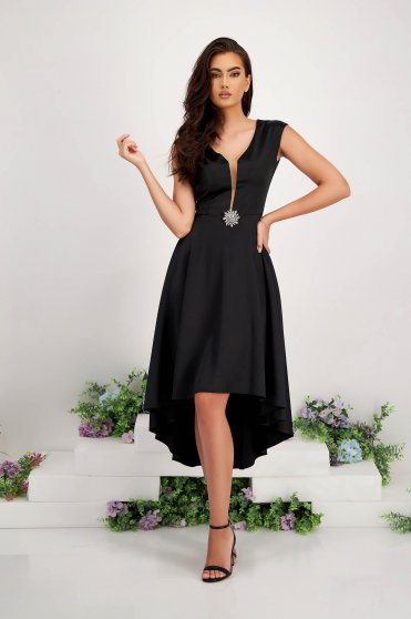 Dresses with rhinestones, Asymmetric black elastic taffeta dress with v-neckline and detachable brooch - StarShinerS - StarShinerS.com
