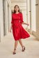 Red Satin Midi Flared Dress with Three-Quarter Puffy Sleeves - StarShinerS 4 - StarShinerS.com