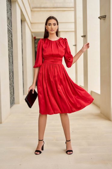 Satin dresses, - StarShinerS red midi dress from satin with 3/4 sleeves and puffed sleeves - StarShinerS.com