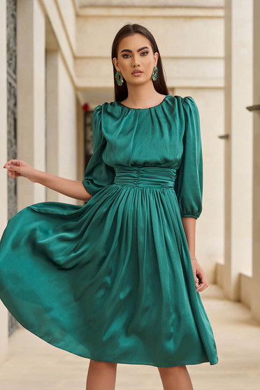 Prom dresses - Page 4, - StarShinerS green midi dress from satin with 3/4 sleeves and puffed sleeves - StarShinerS.com