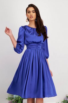 Blue Satin Midi Swing Dress with Three-Quarter Puff Sleeves - StarShinerS