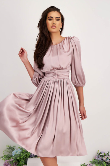 Powder Pink Satin Midi A-line Dress with Three-Quarter Puffed Sleeves - StarShinerS