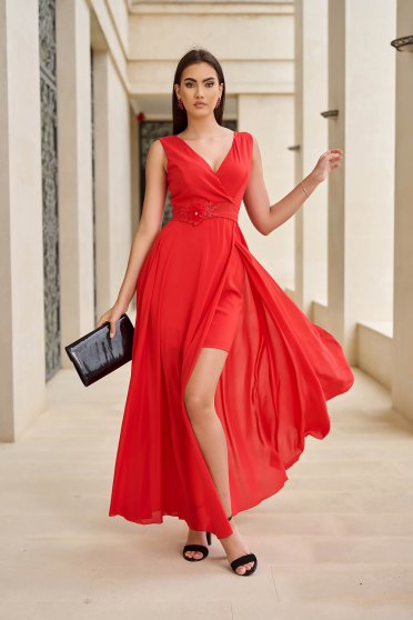 Red Veil Pencil Type Dress with Veil Overlay and Waist Cord - StarShinerS