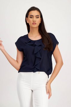 - StarShinerS dark blue women`s blouse with ruffle details from veil fabric loose fit with ruffle details