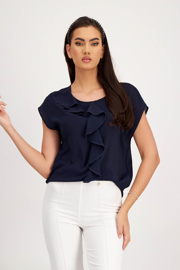 Navy blue voile blouse for women with wide cut and asymmetric front ruffle - StarShinerS