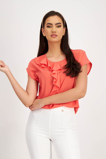 Casual Blouses, - StarShinerS coral women`s blouse with ruffle details from veil fabric loose fit with ruffle details - StarShinerS.com