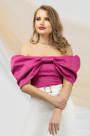 Short sleeves blouses, Fuchsia women`s blouse elastic cloth tented with bow - StarShinerS.com