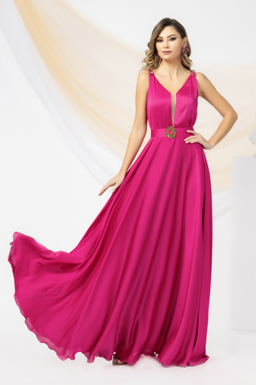 Dresses with rhinestones, Long fuchsia satin voile dress with v-neckline and mesh - PrettyGirl - StarShinerS.com