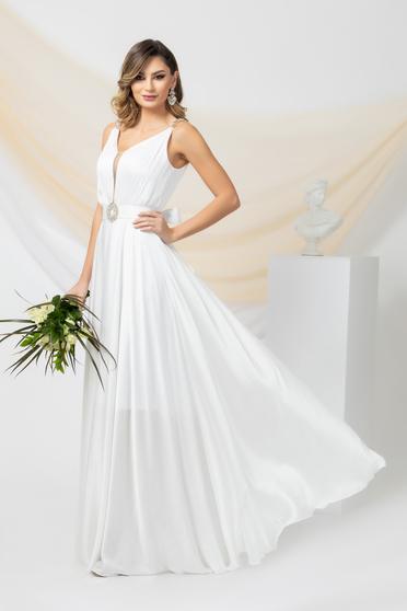 Dresses with rhinestones, Long ivory satin voile dress with v-neck and mesh - PrettyGirl - StarShinerS.com