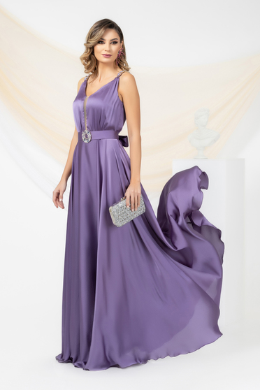 Online Dresses - Page 4, Purple dress from veil fabric from satin fabric texture long cloche with v-neckline - StarShinerS.com