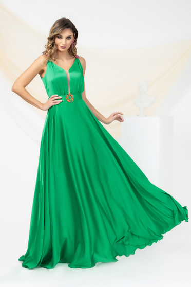 Dresses with rhinestones, Long satin chiffon dress in green with a plunging v-neckline and mesh - PrettyGirl - StarShinerS.com
