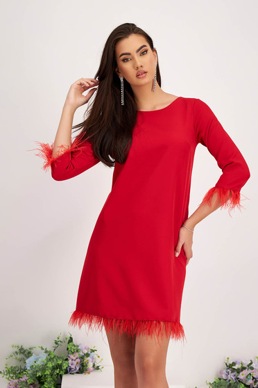 Loose dresses, - StarShinerS red dress elastic cloth midi loose fit feather details - StarShinerS.com