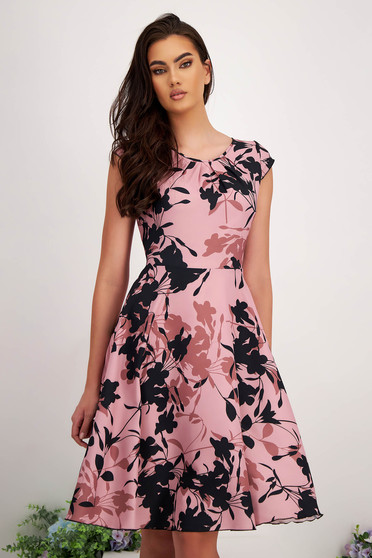 Pink dresses, - StarShinerS dress from satin short cut cloche with rounded cleavage with floral print - StarShinerS.com
