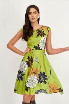 Satin A-line dress with rounded neckline and digital floral print - StarShinerS