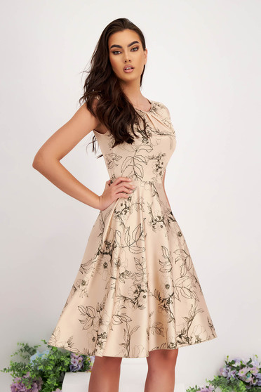 Cream dresses, - StarShinerS dress from satin short cut cloche with rounded cleavage with floral print - StarShinerS.com