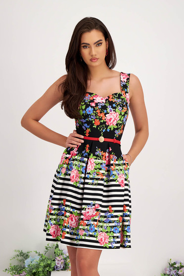 Spring dresses, - StarShinerS black dress crepe short cut cloche accessorized with belt lateral pockets - StarShinerS.com