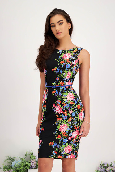 Short sleeved dresses, - StarShinerS dress crepe pencil accessorized with belt with floral print - StarShinerS.com