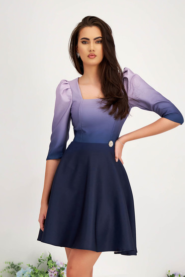 Purple Elastic Fabric Knee-Length Dress with Puffed Shoulders - StarShinerS