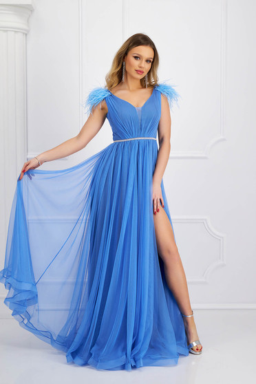 Long dresses, Aqua dress from tulle long cloche with embellished accessories feather details - StarShinerS.com