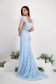 Mermaid-style dress in light blue lace with bare shoulders and feather applications 4 - StarShinerS.com