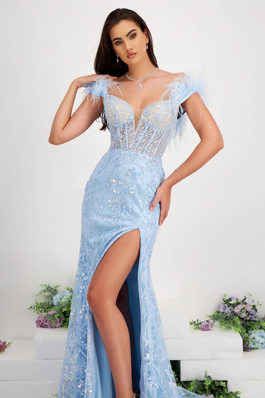 Luxurious dresses, Lightblue dress laced long mermaid dress naked shoulders feather details - StarShinerS.com