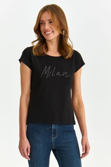 Casual T-shirts, Black t-shirt cotton loose fit crystal inscriptions - StarShinerS.com