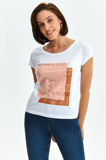 Casual T-shirts, White t-shirt cotton loose fit with print details - StarShinerS.com