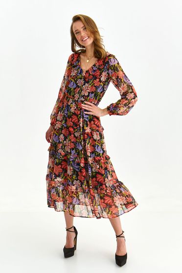 Dress from veil fabric midi cloche with elastic waist with floral print