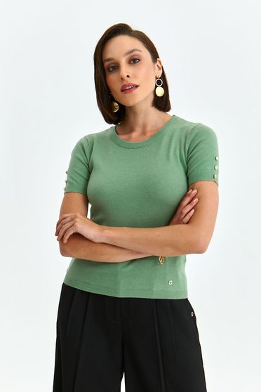 Green sweater knitted with decorative buttons