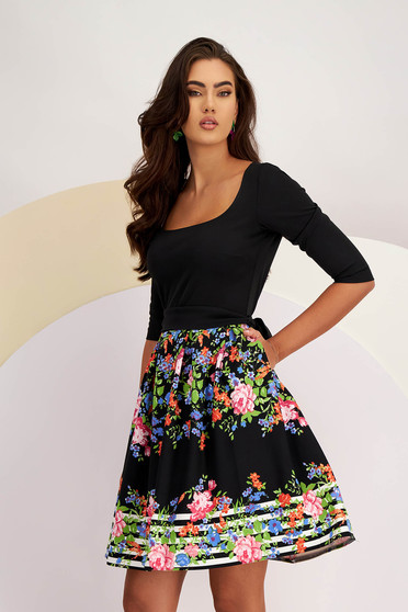 Black dresses, - StarShinerS dress short cut cloche crepe lateral pockets with floral print - StarShinerS.com