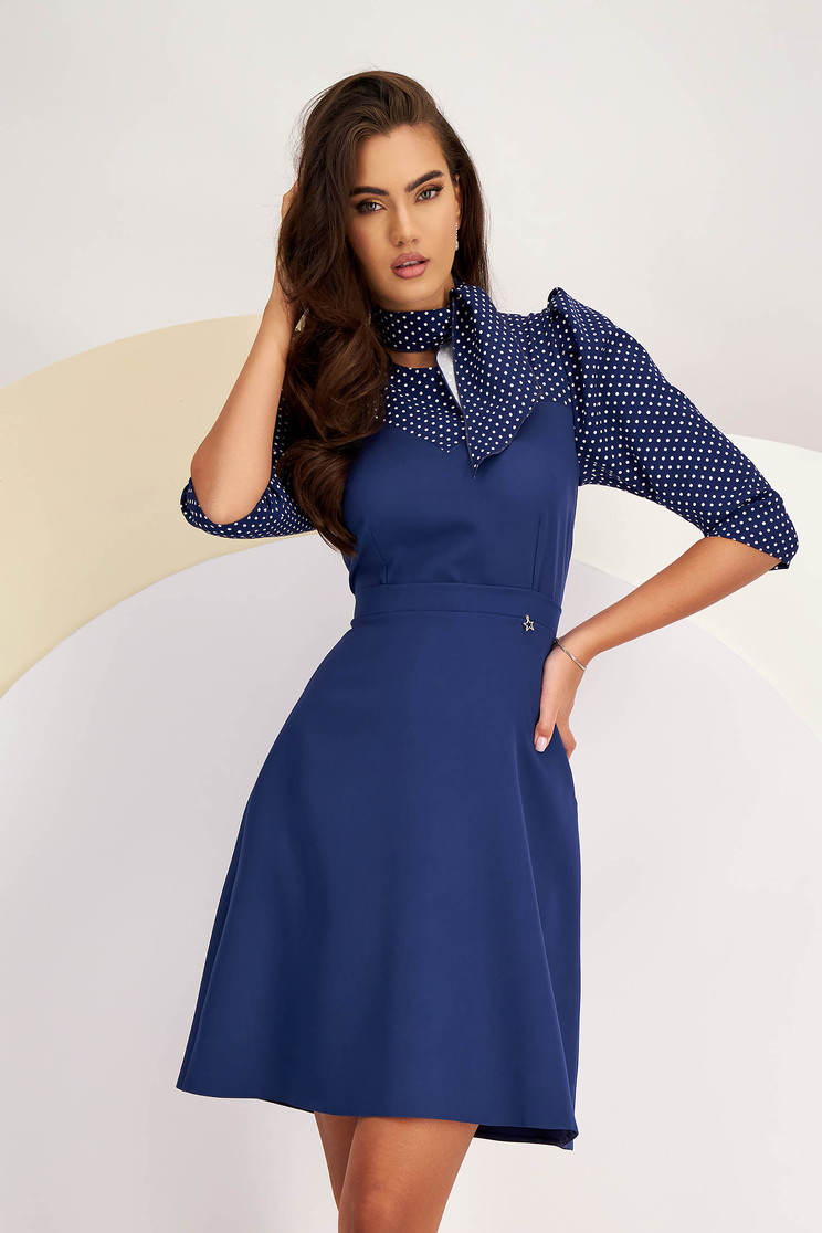 Rochie din stofa din stofa elastica bleumarin scurta in clos cu umeri bufanti - StarShinerS