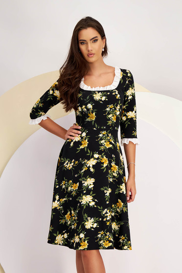 Black Midi Elastic Fabric Dress in A-line with Digital Floral Print - StarShinerS