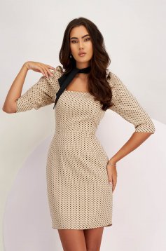 Beige Short Elastic Fabric Pencil Dress with Puffed Shoulders - StarShinerS