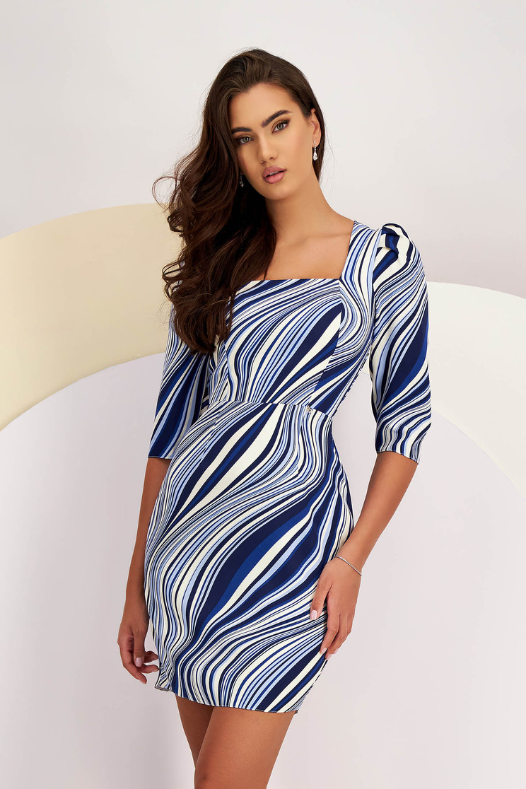 Rochie cu imprimeu abstract din stofa elastica albastra scurta tip creion cu umeri bufanti - StarShinerS